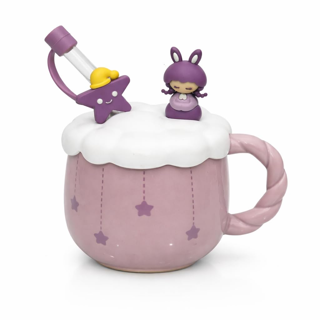 Vasukie Sweet Purple Coffee Mug with Lid & Glass Straw with Cap, Mugs for Coffee, Gift for Woman, Birthday Gift for Girl, Ceramic Mug, 3D Coffee Mug (Sweet Purple Mug)