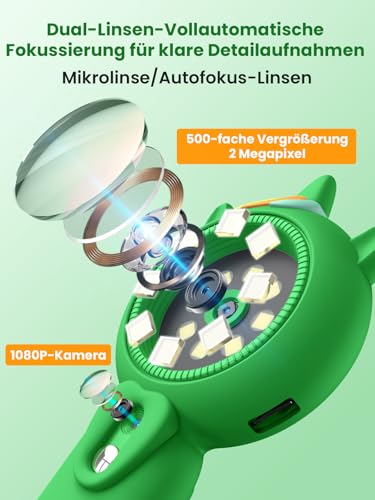 Acoath Mikroskop für Kinder, Autofokus Digitales Mikroskop mit 2,0-Zoll-Bildschirm, Wiederaufladbares Handy Mini-mikroskop 8 LEDs Weihnachten Abenteuer für Kinder 5 6 7 8 9 10 11 12