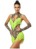 Riismen Donna Chiave Davanti E Schiena Scoperta Vestiti Performance con Fiocchi Vestiti da Ballo Latino Americano Stampa di Leopardo Latino Verde Fluorescente XL