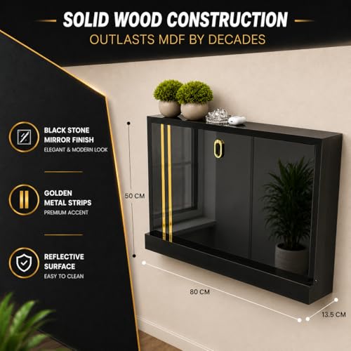 Image of Wall Mounted Folding Study Table - Black & Gold | Solid Wood | Foldable Space-Saving Desk with Storage | Home Office Laptop Desk