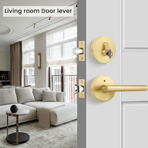 Image of Goldenwarm 1 Pack Exterior Gold Door Handle with Deadbolt, Single Cylinder Deadbolt and Entry Door Handle Set,Brushed Gold Front Door Lock Set