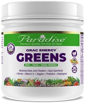 Paradise ORAC Energy Greens Powder Extract, Super Antioxidants, Probiotics for Gut Health & Digestion, Vitamin C for Immunity, with Spirulina & Chlorella, Non-GMO, Gluten Free, 30 Servings