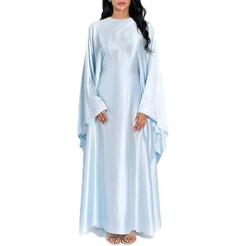 Women's Muslim Abaya Dress Satin Butterfly Sleeve Fashion Maxi Dress Spring Fall for Casual Events(Average Size Light Blue)