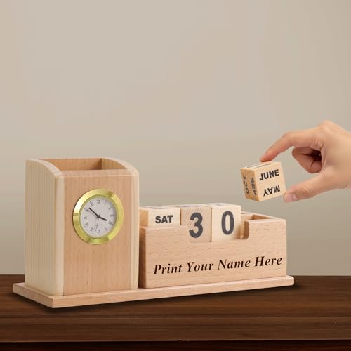 Image of SHIVOM CRAFTS Wooden Desk Organizer with Clock and Calendar, Pen Stand, Mobile Phone Holder with 2 Compartments for Home and Office - Customized, Personalized Gift, Get Your Name Printed