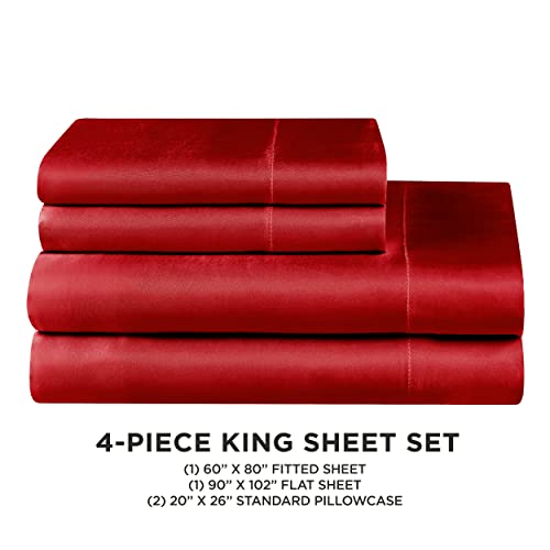 Juicy Couture King Size Silk Satin Bed Sheet Set, Deep Pocket Silky Satin King Sheet Set With 1 Fitted Sheet, 1 Flat Sheet And 2 Pillow Case, Wrinkle Resistant And Anti Pilling - Red #TOP4