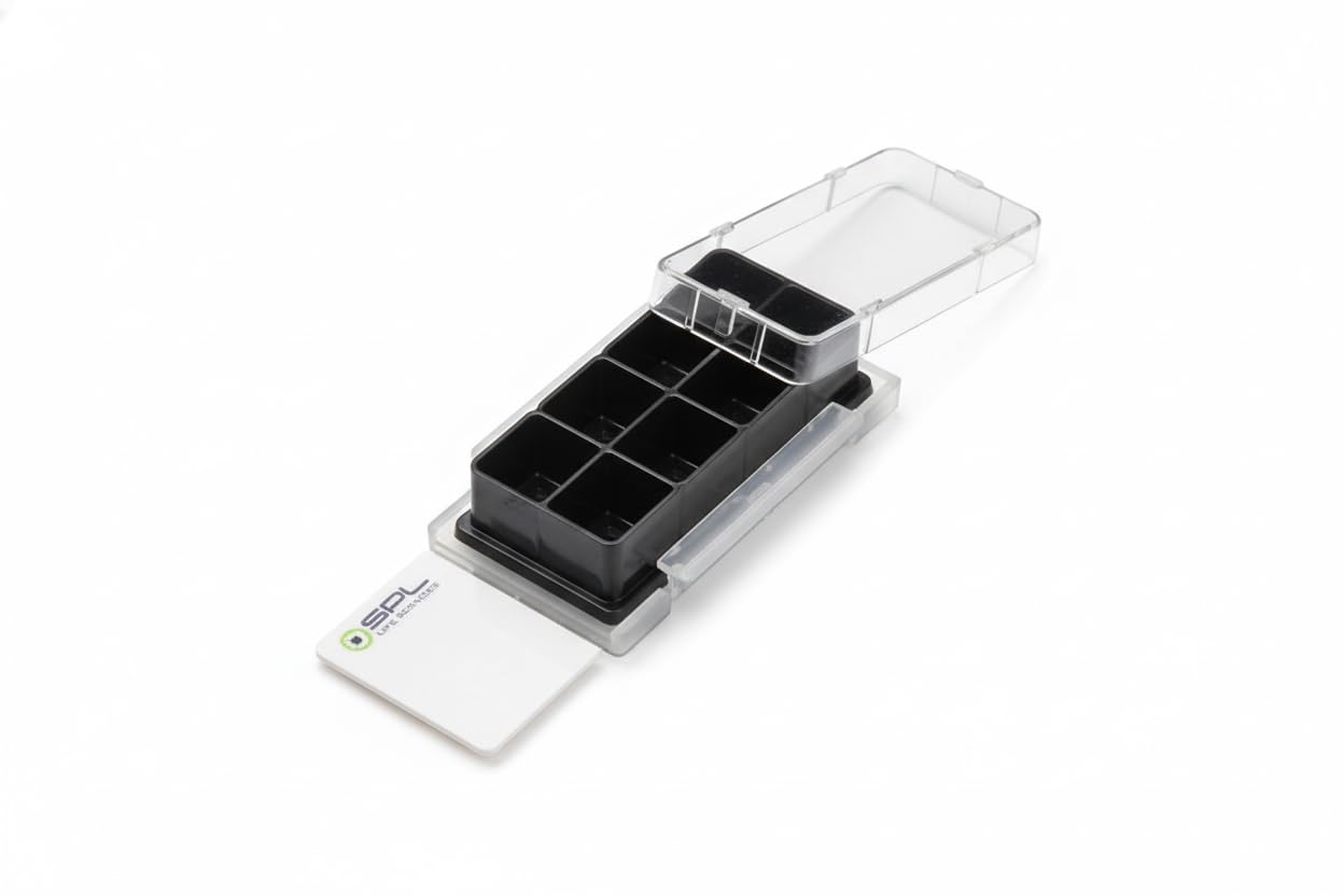 SPL Cell Culture Chamber Slide, Black, 8 Wells, PS Frame, Glass Slide, PP Holder, 0.2~0.6 ml, Sterile, Case of 12 // 2 Pack of 6
