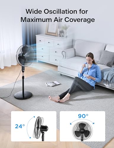 Image of PELONIS 16'' Pedestal Fan for Bedoom with Remote, Upgraded, Standing Fan with 7-Hour Timer, 90 Oscillation, 3-Speeds, Adjustable Height, Electric Cooling Fans for Living Room and Office