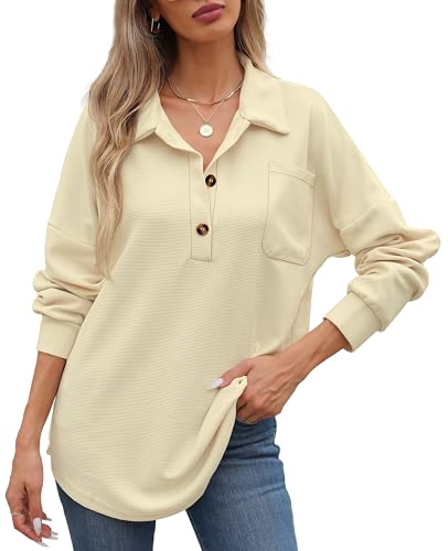 Image of ZAAYO Women Waffle Knit Tops Henley Shirts V Neck Long Sleeve Solid Color Casual Tunics Blouse