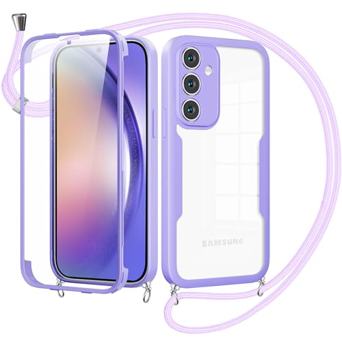 Cover per Samsung Galaxy A54 5G con Cordino360 Gradi Antiurto Trasparente Custodiacon con Protezione Schermo Integrata Bumper Rugged Custodia con Regolabile Tracolla Corda per A54 5G-Viola