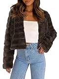 Allegra K Women's Faux Fur Coat Long Sleeve Cropped Fluffy Jacket Collarless Casual Winter Warm Outwear Medium Dark Brown