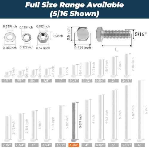 Image of 8 Sets Glvaner 5 /16-18 x 3-3 /4 inch Stainless Steel Hex Head Screws Bolts, Nuts, Flat & Lock Washers, 18-8 (304) Stainless Steel, Full Thread, Coarse Thread
