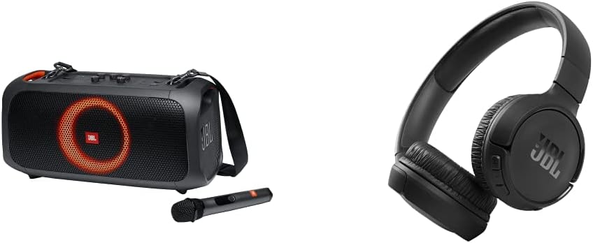 JBL PartyBox On-The-Go Powerful Portable Bluetooth Party Speaker with Dynamic Light Show, black and JBL Tune 510BT: Wireless On-Ear Headphones with Purebass Sound - Black