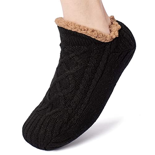 WOOD MEETS COLOR Flauschige Herrensocken aus schwerer dicker Wolle, Wintersocken mit Anti-Rutsch-Noppen, Sherpa-Fleece-Futter, weich, kuschelig (schwarz bei Gr. L 43-46)