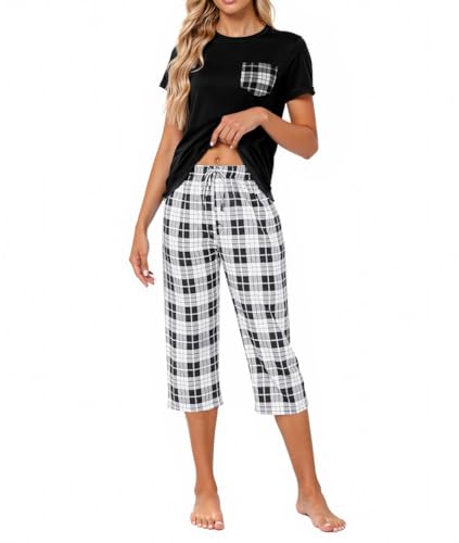 Catálogo de Pijama Dama para comprar online. 45 VIOPY Conjunto Pijamas Mujer 2 Piezas Pijama Manga Corta Mujeres Cuello Redondo con Bolsillo (Negro, X-G)