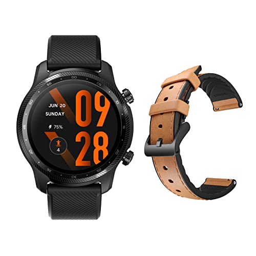 TicWatch Pro 3 Ultra GPS Smartwatch Plus Smartwatch Bands 22mm Width Leather Hybrid Band Strap Replacement Band (Brown-Black Buckle) , Wear OS Smart Watch for Men Blood Oxygen IHB AFib Detection NFC