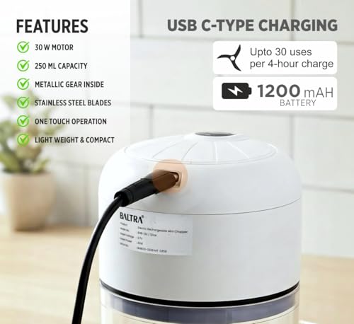 Image of BALTRA Slice Rechargeable Mini Electric Chopper, 250ml Food Grade Bowl, Stainless Steel Blades, One Touch Operation, 3 Stainless Steel Blades for Effortlessly Chopping Vegetables, Fruits 1yr Warranty