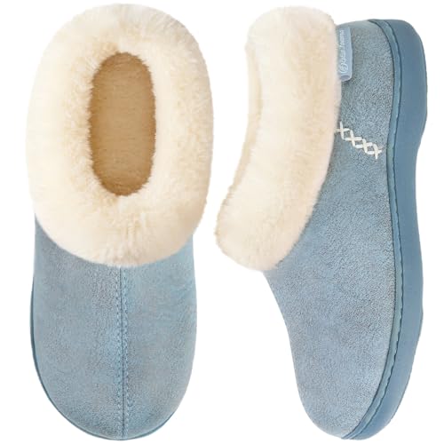 EverFoams Women’s Microsuede Cozy Memory Foam Winter Slippers with Fuzzy Faux Fur Collar and Indoor Outdoor Rubber Sole
