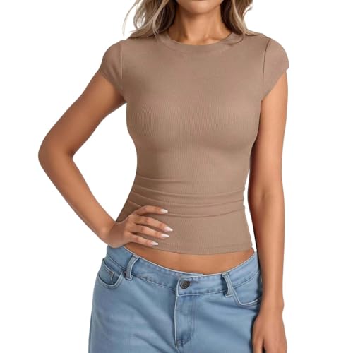 Camiseta de Punto Acanalado de Manga Corta con Cuello Redondo, Corte Ajustado, básica, Suave y elástica, Ideal para Uso Diario, de Viscosa, Ajuste Relajado y Transpirable, Ideal para Deporte