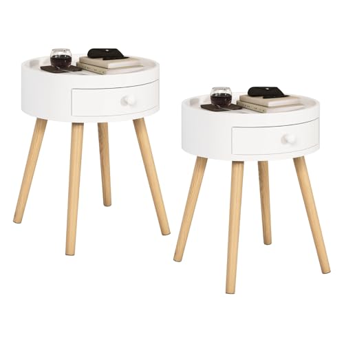 WOLTU Set di 2 Comodini per Camera da Letto Comodino Rotondo con Cassetto Tavolino da Salotto in Legno Bianco TS111ws-2