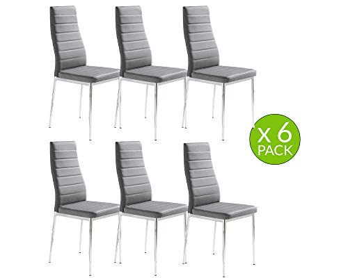 MOMMA HOME Set de 6 Sillas de Comedor - Modelo FELIA - Color Gris/Plata - Material Ecopiel/Metal Cromado - Medidas 41 x 53 x 97 cm