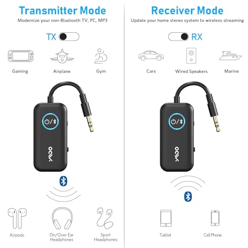 YMOO Bluetooth 5.3 Transmitter Receiver for TV/Airplane to 2 Headphones, Wireless Audio Adapter with Aptx/Aptx-HD Low Latency (<40ms), Aux Connector for Home Stereo/Bluetooth Earbuds/PC/Gym - Thumbnail 5