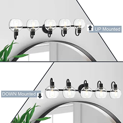 Image of 5-Lights Black Bathroom Vanity Light Fixtures Over Mirror, Modern Vanity Wall Sconce Lighting with Globe Seeded Glass Lampshades for Bedroom Kitchen Hallway