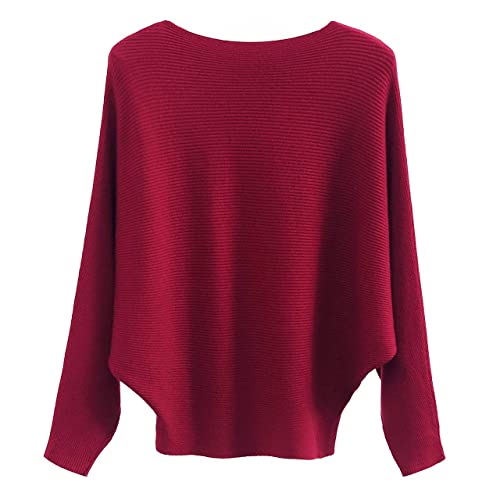 Cegerne Damen Pullover Fledermausärmel Oberteil Elegant Oversize Pulli Langarm Sweatshirt Strickpullover Batwing Knitted Sweater, WeinRot