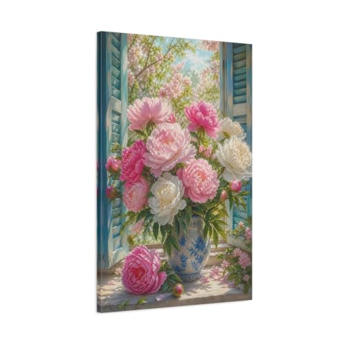 Grand tableau fleurs pivoines roses pour illuminer un salon sombre