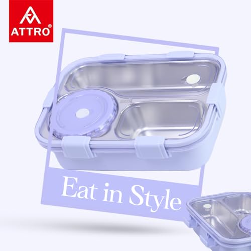 Image of ATTRO Lunch Pro Deluxe 3 Lunch Box with Detachable Inner Steel Compartments, Spoon, one Small Container, Heating Water Insulation Design, Foodgrade, Leakproof -750ml Purple
