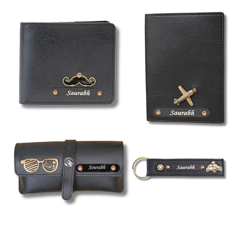 Customized 4-in-1 Wallet Combo | Wallet Set | Men’s Combo Gift Set | Premium Combo Gift Set for Him (Black)