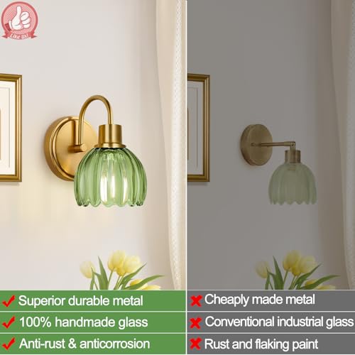 Image of 2-Pack Brushed Gold Bathroom Vanity Light, Single-Head Wall Sconce with Ribbed Green Tulip Glass Shade, Vintage Bathroom Light Fixtures for Bedroom, Hallway & Bedside (Bulbs Not Included)