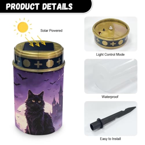 Image of Black Cat Solar Flame Lights, Waterproof Flameless Candles | Water Resistant LED Flameless Candle, Grave Light Solar Powered Landscape Lights for Grave Memorial Gift 2 Pack