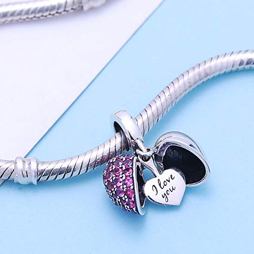 I Love You Heart Charm 925 Sterling Silver Dangle Bead Crystal Valentine's Day Gifts Fits Pandora European Bracelet Necklace(Fushcia -1) #TOP2