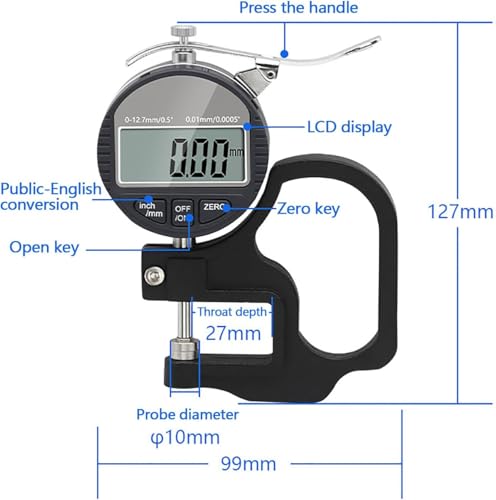Medidor Digital de Espesor, Rango 0-12.7mm, Resolución 0.001mm, para Medir Papel, Cuero, Tela, Película, Cinta y Alambre miniatura 2