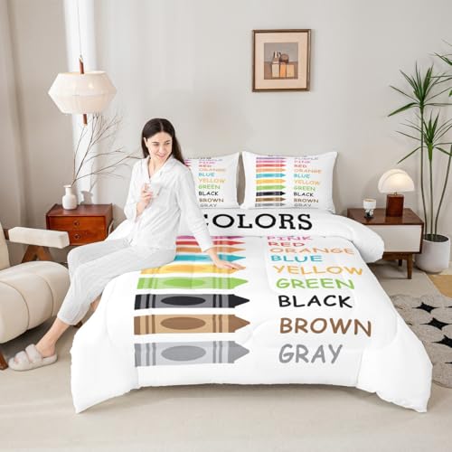 Image of Feelyou Kids Colors Learning Duvet Insert Full Size, Educational Comforter Set Boys Girls Preschool Bedding Set Kindergarten Teens Bedroom Decor Bed Set 3Pcs