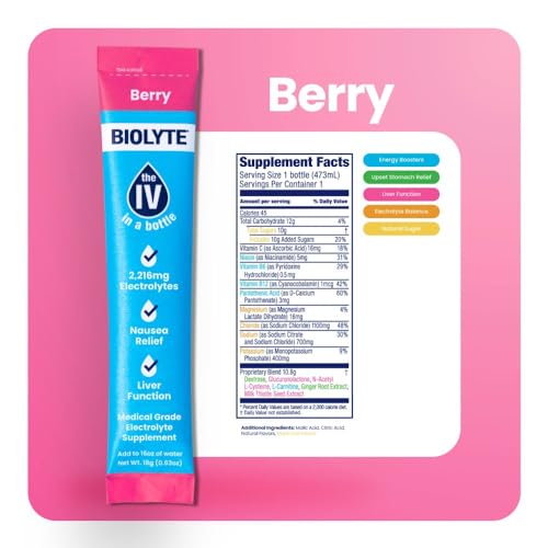 BIOLYTE Electrolyte Powder Packets - IV in a Bottle Single-Serving Electrolyte Powder for Rapid Hydration - Berry, 16-Pack