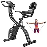 Folding Exercise Bikes DISPANK 3-in-1 X-Bike Indoor Recumbent Exercise Bikes, Sturdy Foldable Stationary Bike with Arm Resistance Band and Backrest, 10-Level Resistance for Men, Women and Seniors