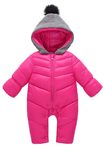 Aivtalk Baby Girl Pink Hooded Duck Down Polyester Jumpsuit 12-18 Months Winter Long Sleeve Bodysuit Onesie Snowsuit