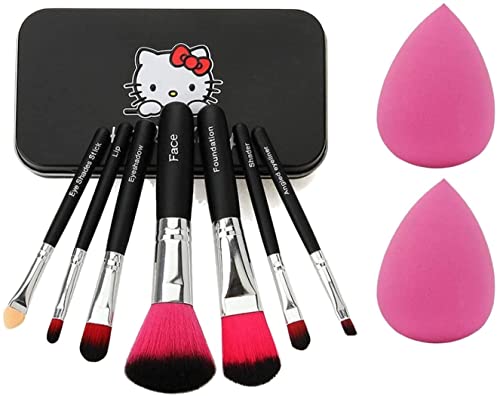 Women’s & Girl’s 7Pcs Black Light Weight Makeup Brushes Set with Storage Box and 2 Pink Beauty Blenders – (Pack of 9)