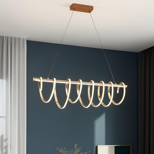 Image of SINOMAN Contemporary Swirl LED Chandelier Adjustable Gold Linear Pendant Ceiling Light Curved Design Golden Finish 3 in 1 Color Changing Ceiling Lighting Fixture for Living Room, Bedroom and Home