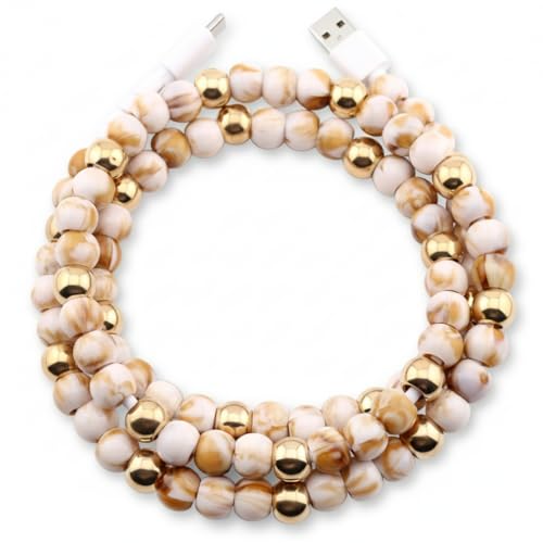 MyfavoriteK Elegant Beaded Phone Charger USB Cable Cute USB-C Charging Cable Colorful 3.3ft Cord for iPhone Smartphones (USB-A to USB-C, Marble & Gold)