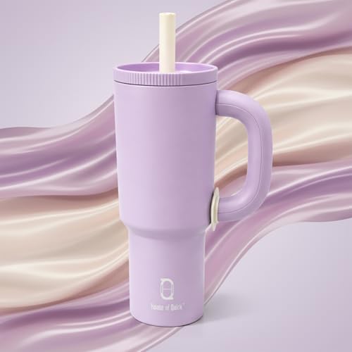 Image of House of Quirk 1200ml Stainless Steel Tumbler with Handle, Straw & Straw Cap | Leakproof Water Bottle | Large Capacity Travel Mug (Lilac)