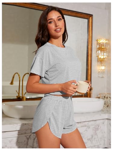 Image of OYOANGLE 2 Pack Pajama for Woman Set Summer Cute PJ Sets Striped Short Sleeve Tshirt and Split Shorts Lounge Set