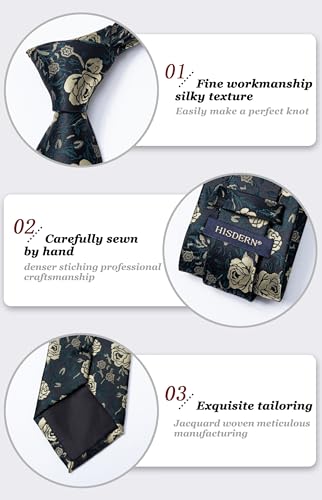 Image of HISDERN Men Floral Ties Woven Classic 3.4 inch Necktie Set Formal Tie Pocket Square for Wedding with Handkerchief Gift Box