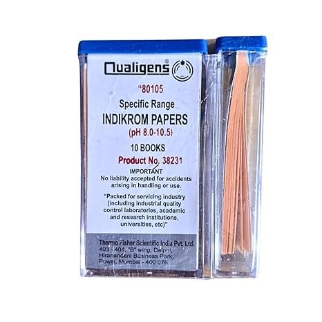 INDIKROM PAPERS Qualigens wide range pH 8.0 To 10.5 PH Indicator Papers Full Range 10 book (200 Strips)-picture-30