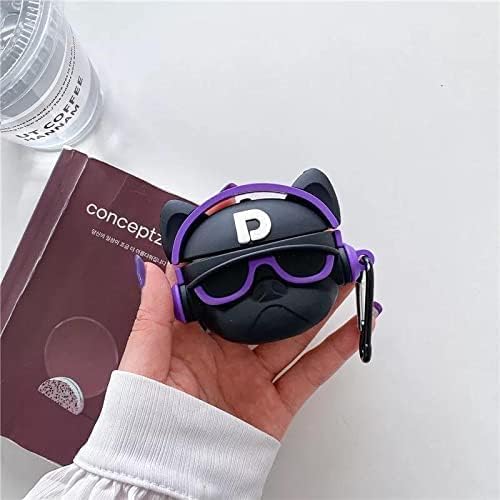 Image of Meyaar Earphone Case Cover Compatible for Realme Buds T300, Soft Silicone Skin Case Cover Shock-Absorbing Protective Case with Keychain (Front LED Visible) (Black Dog with Purple Band)
