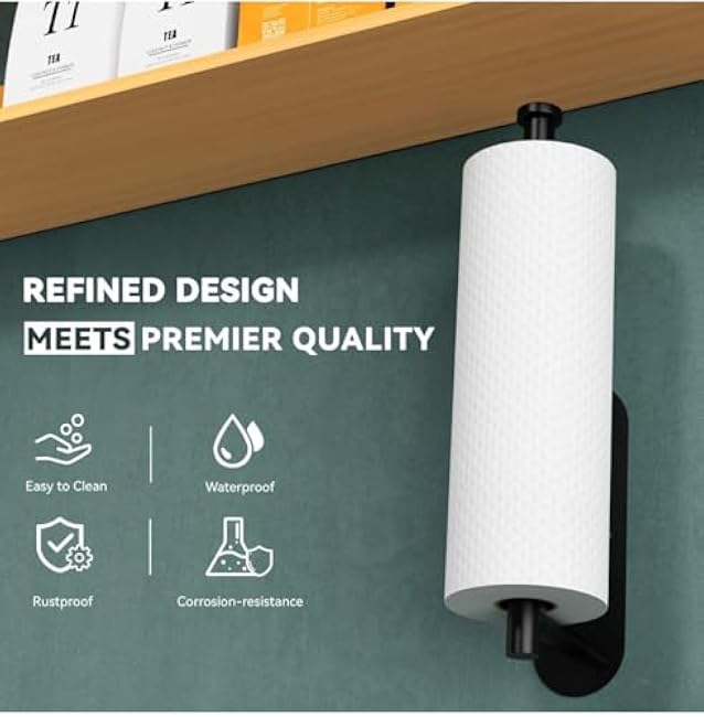 Paper Towel Holder Under Cabinet-Wall Mount & Self Adhesive, Matte Black Paper Towel Holder for Kitchen,Paper Towel Rack, Stainless Steel 13 Inch.
