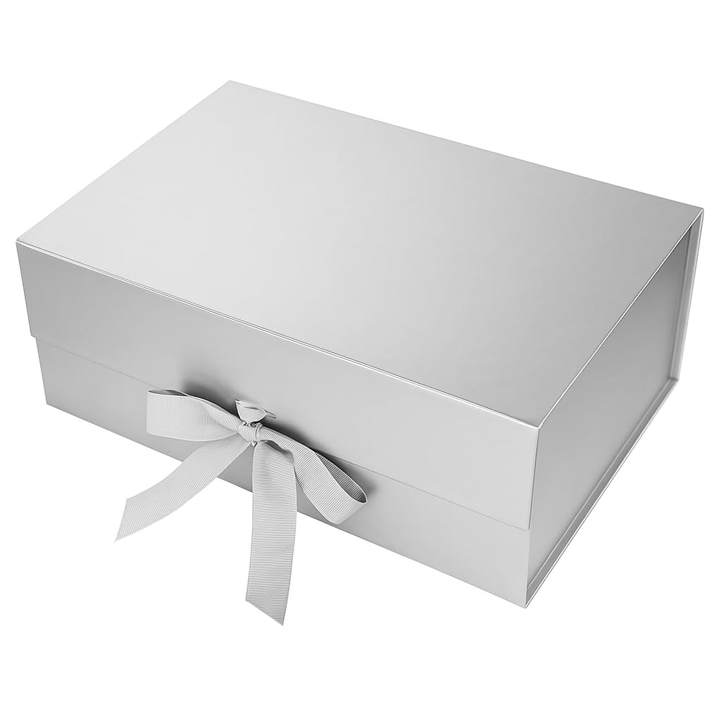 Awestuffs Premium Silver Gift Boxes for Gift Packaging, Reusable Decorative Gift Boxes (23 x 16 x 10 cm) for Hampers, Weddings, Birthdays, Festivals & Corporate Gifts (Pack of 1)