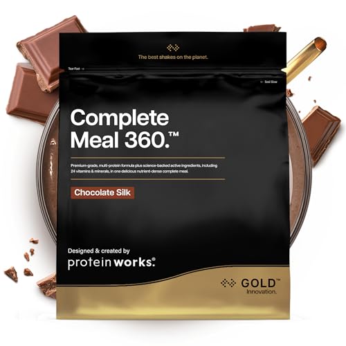 Protein Works Complete Meal 360 - Gold Innovation, batido de sustitución de comidas, alta proteína, Omega 3, 165 beneficios para la salud, dura 3 – 5 horas de uso, chocolate seda, 5 comidas, 500 g