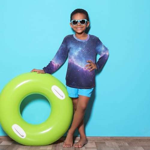 Image of Pfrewn Kids Galaxy Stars Abstract Space Long Sleeve Rash Guard Shirt Blue Purple Swim Shirt for Boys Girls UPF 50+ 3-12T